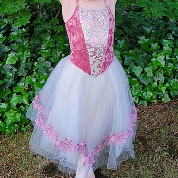 Revolution Velvet, Lace, Tulle, & Sequins Long Tutu Ballet Dress w/ Floral Trim - Picture 4 of 6